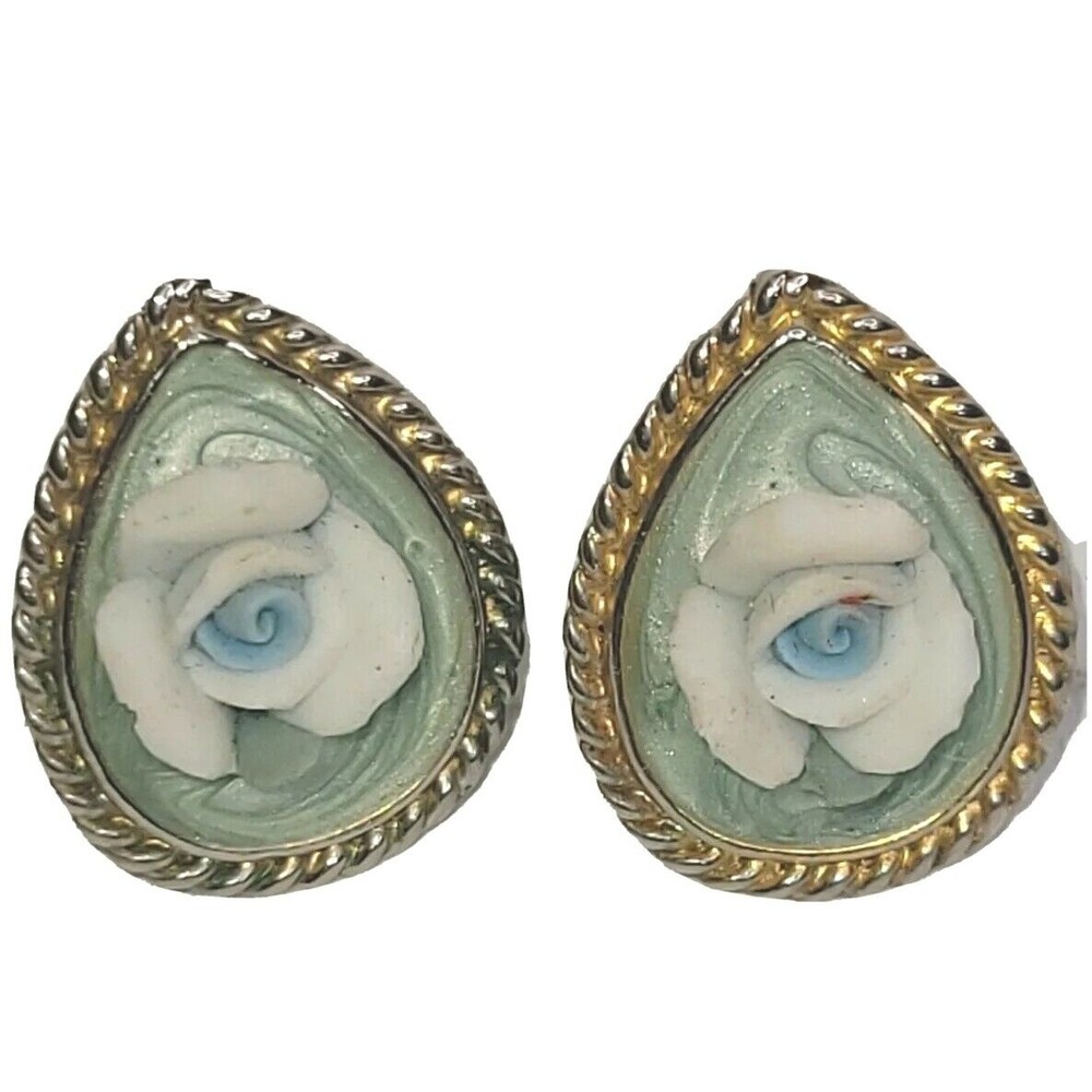 Vintage Teardrop Flower Cameo Earrings Pierced Porcelain 3D gold Blue ROSE 1"